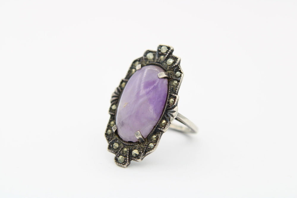 Antique Purple Amethyst & Marcasite Art Deco Sterling Silver Ring - Amazing LCW 925 Gemstone Ring Size 5.5