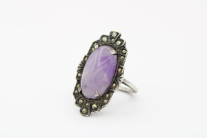 Antique Purple Amethyst & Marcasite Art Deco Sterling Silver Ring - Amazing LCW 925 Gemstone Ring Size 5.5
