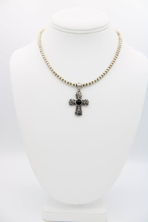 Vintage Black Onyx Crucifix / Cross Pendant Necklace - Sterling Silver with 925 Ball Beaded Chain Southwestern CFJ