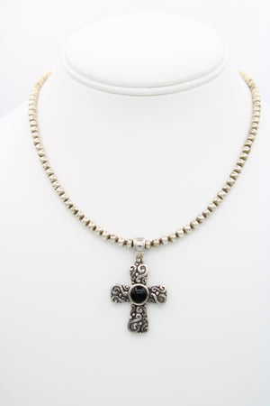 Vintage Black Onyx Crucifix / Cross Pendant Necklace - Sterling Silver with 925 Ball Beaded Chain Southwestern CFJ