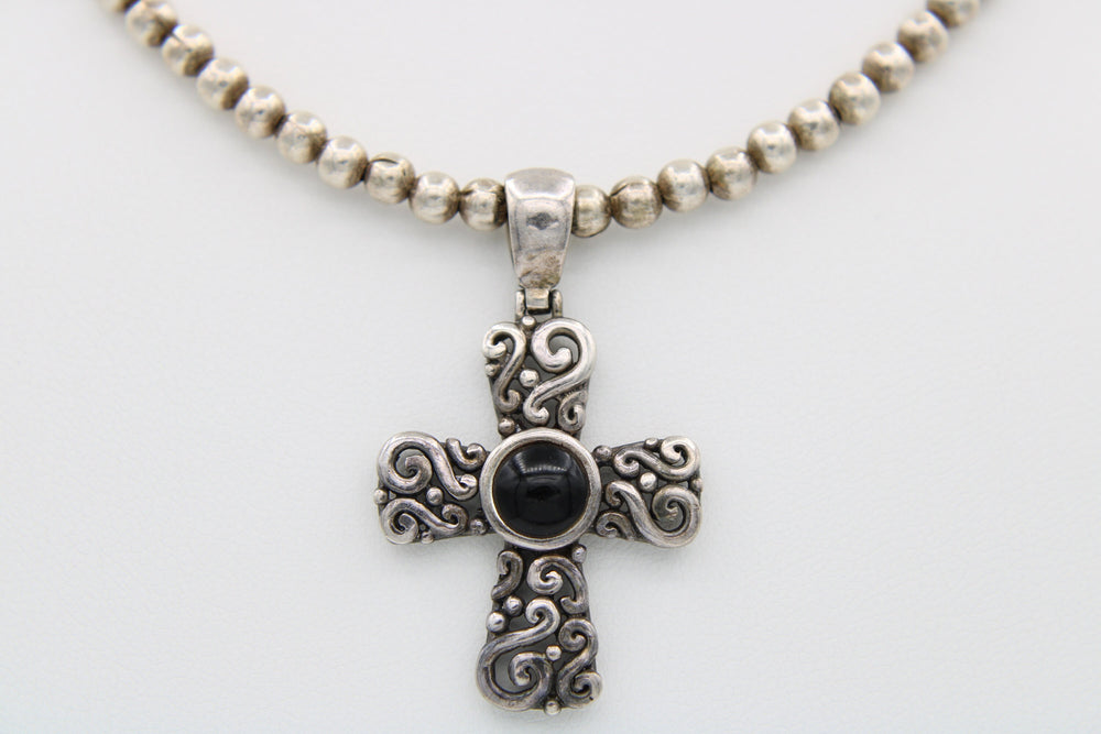 Vintage Black Onyx Crucifix / Cross Pendant Necklace - Sterling Silver with 925 Ball Beaded Chain Southwestern CFJ
