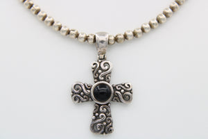 Vintage Black Onyx Crucifix / Cross Pendant Necklace - Sterling Silver with 925 Ball Beaded Chain Southwestern CFJ