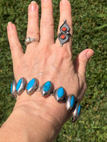 Fabulous Vintage Taxco Mexico turquoise sterling silver bracelet 925 native southwestern South American over 52 grams 8 Inches