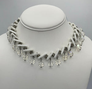 Vintage White Milk Glass & Crystal Dangle Choker Necklace Unique