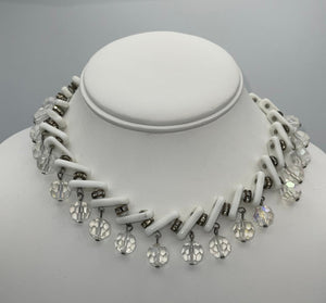 Vintage White Milk Glass & Crystal Dangle Choker Necklace Unique