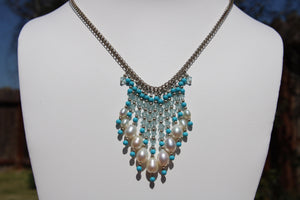 Vintage Genuine White Pearl Bib Necklace with Crystal Turquoise Silver Beads - Sterling Silver 925 Chain
