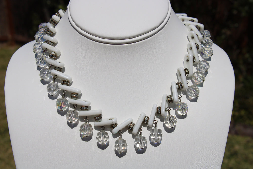 Vintage White Milk Glass & Crystal Dangle Cocktail Necklace Unique Retro Statement Choker