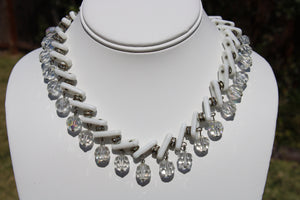 Vintage White Milk Glass & Crystal Dangle Cocktail Necklace Unique Retro Statement Choker