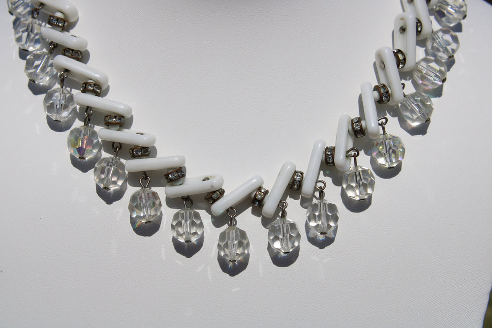 Vintage White Milk Glass & Crystal Dangle Cocktail Necklace Unique Retro Statement Choker