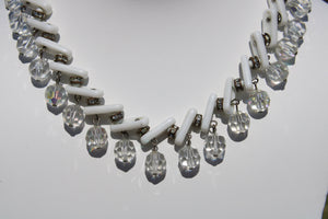 Vintage White Milk Glass & Crystal Dangle Cocktail Necklace Unique Retro Statement Choker