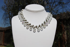 Vintage White Milk Glass & Crystal Dangle Cocktail Necklace Unique Retro Statement Choker