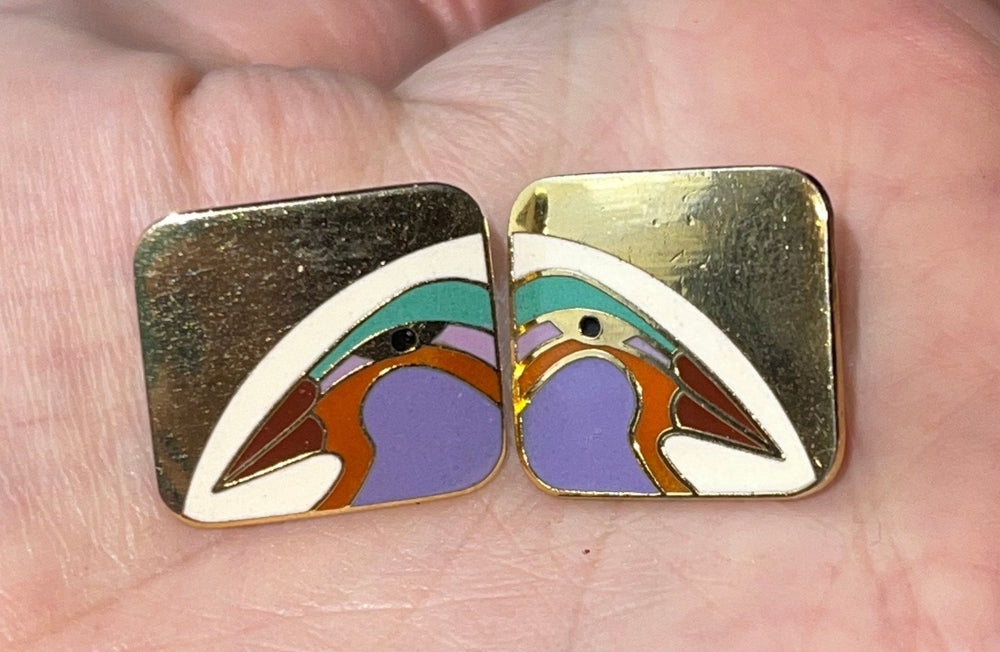 Vintage Laurel Burch Enamel Earrings Square Gold-tone Bird of Paradise