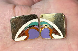 Vintage Laurel Burch Enamel Earrings Square Gold-tone Bird of Paradise