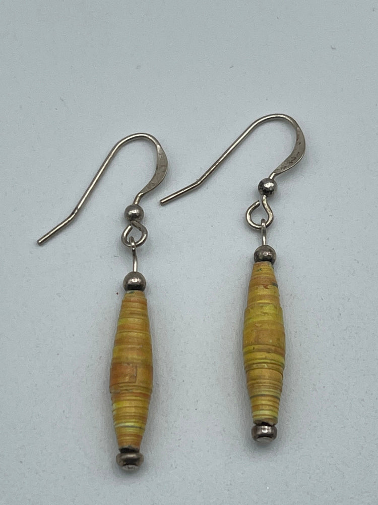 Yellow Paper Mache Bead Dangle / Drop Earrings Sterling Silver 925