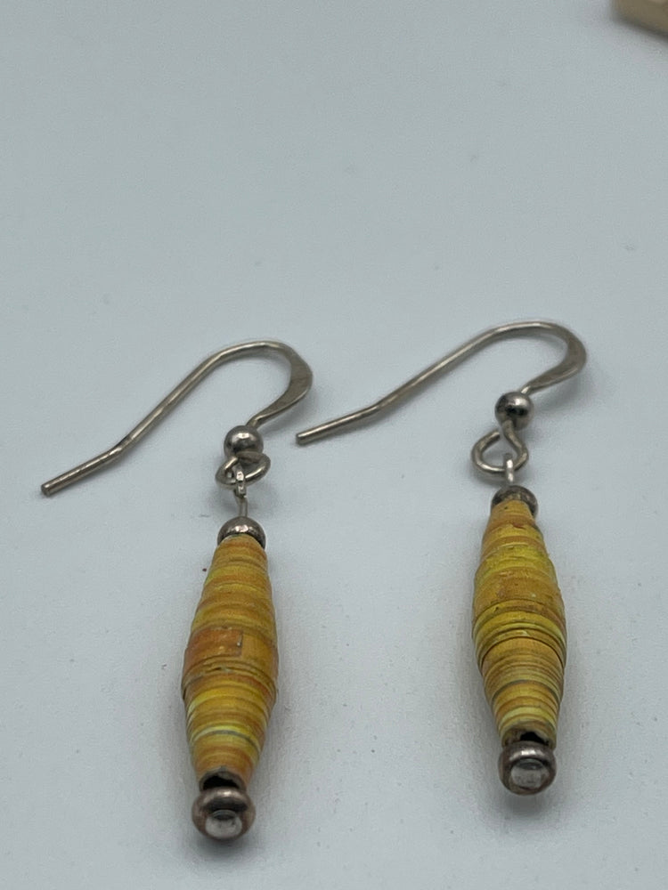 Yellow Paper Mache Bead Dangle / Drop Earrings Sterling Silver 925