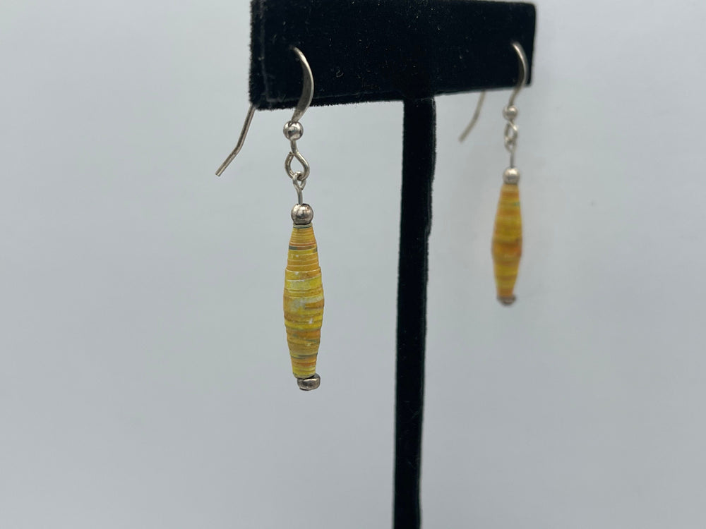 Yellow Paper Mache Bead Dangle / Drop Earrings Sterling Silver 925