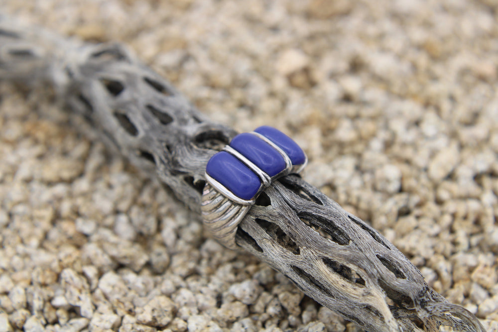 Vintage Sterling Silver Shrimp Style Ring with Lapis Lazuli Gemstones Ring Size 7