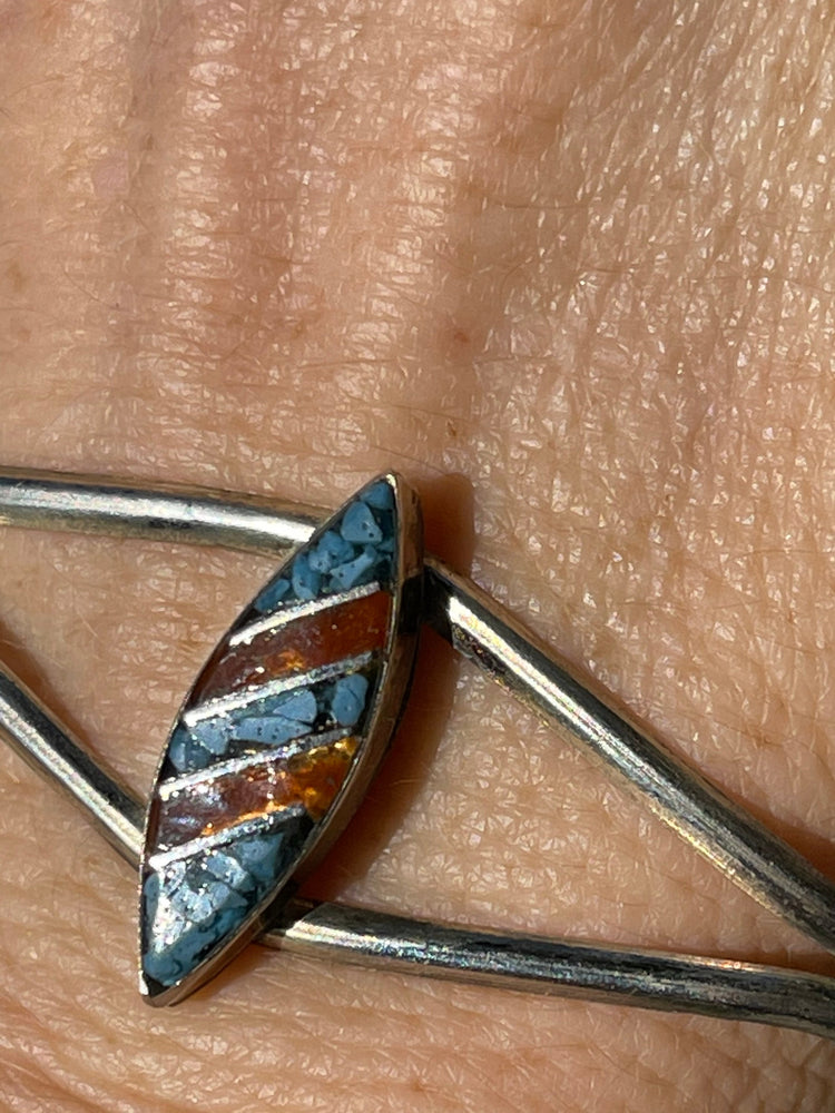 Neat big inlaid cuff silver bracelet Turquoise and red coral Southwestern men’s men’s or women’s larger wrist