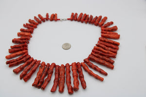 Huge Red Sponge Coral Stick / Beaded Collar Necklace Sterling Silver 925