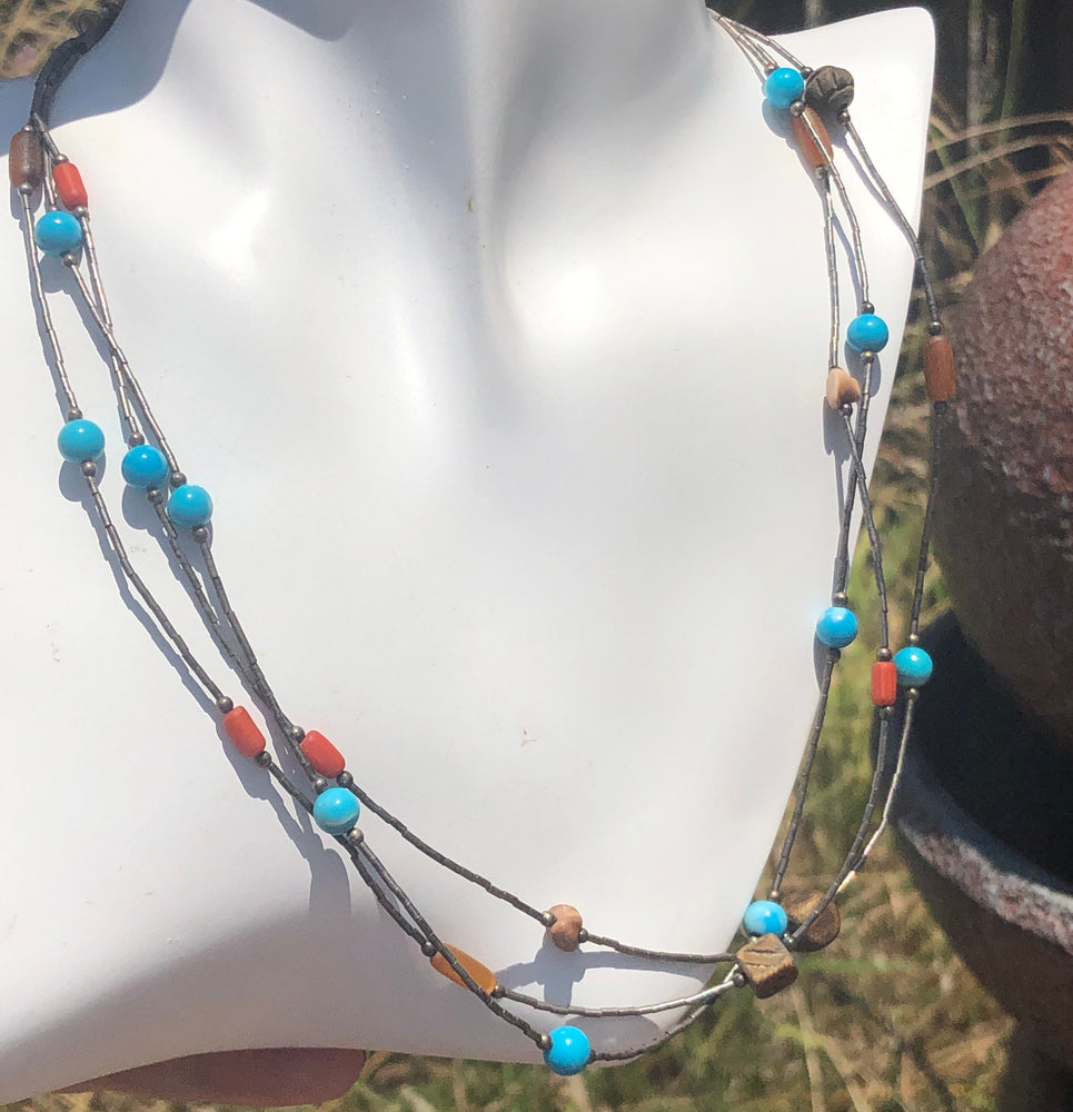 Vintage Three-strand Liquid Silver Gemstone Necklace - Sterling Turquoise Red Coral Amber Wood - 19.4 Inches - Southwestern