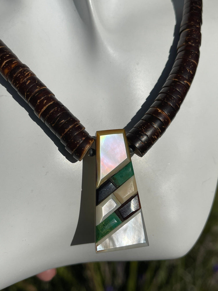 Vintage Native American Reversible Pendant Necklace | Bone & Gemstone Inlay | 1970s Artisan Coconut Heishi Beads Mens or Womens