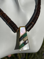 Vintage Native American Reversible Pendant Necklace | Bone & Gemstone Inlay | 1970s Artisan Coconut Heishi Beads Mens or Womens
