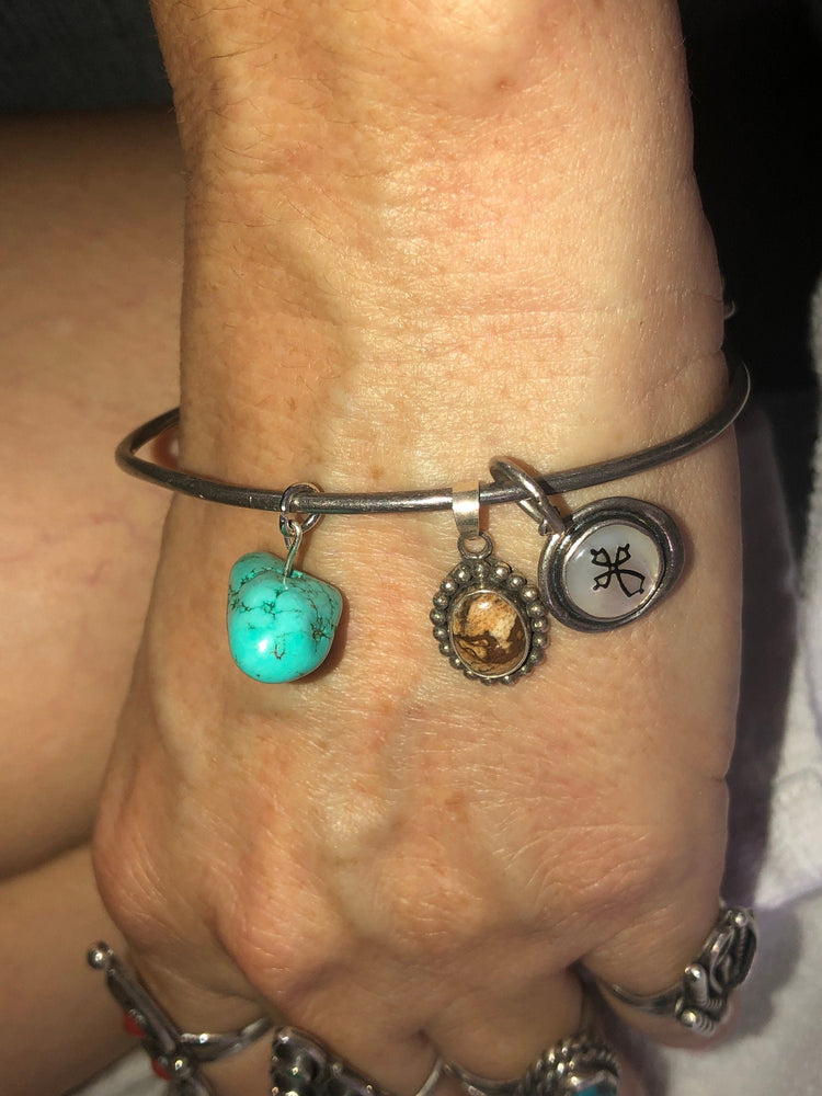 Vintage Sterling Silver Bangle Bracelet Southwestern with Charms Turquoise Mother of Pearl Agate Charms 925