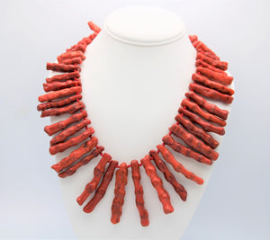 Huge Red Sponge Coral Stick / Beaded Collar Necklace Sterling Silver 925