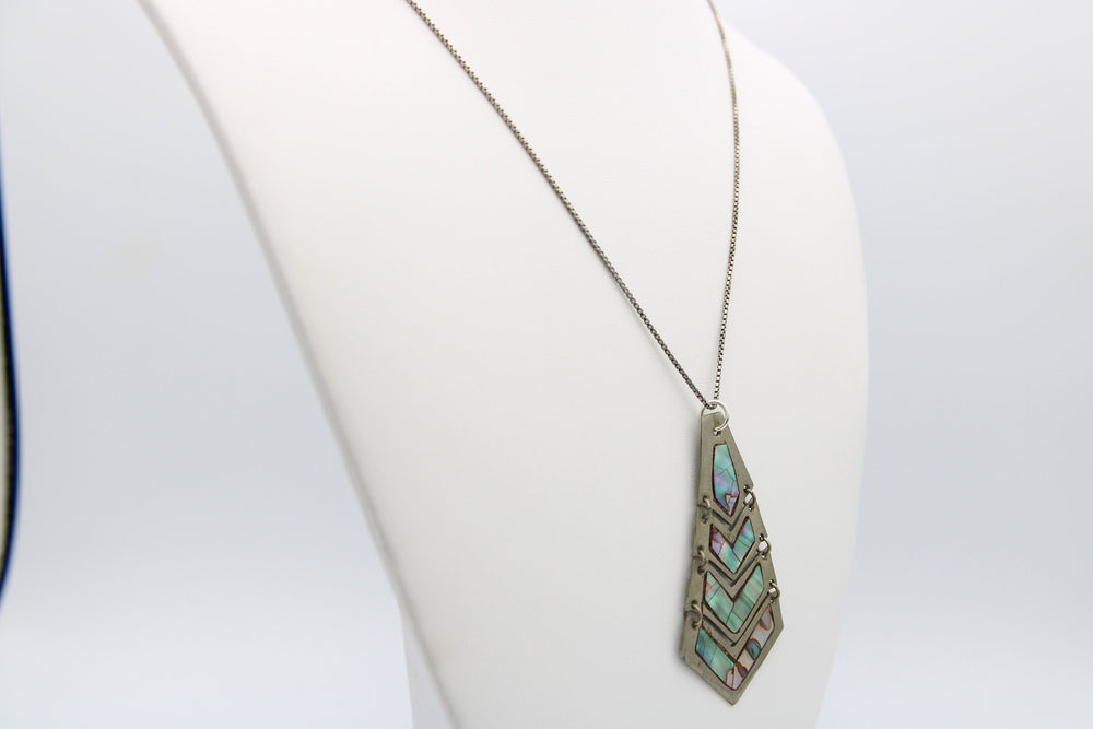 Vintage Alpaca Silver Abalone Shell Articulated Pendant Necklace Sterling Silver 925 with Box Chain Mexico Unusual