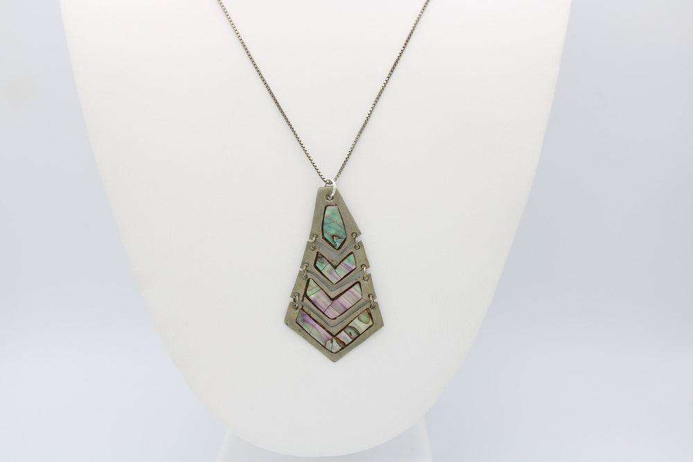 Vintage Alpaca Silver Abalone Shell Articulated Pendant Necklace Sterling Silver 925 with Box Chain Mexico Unusual