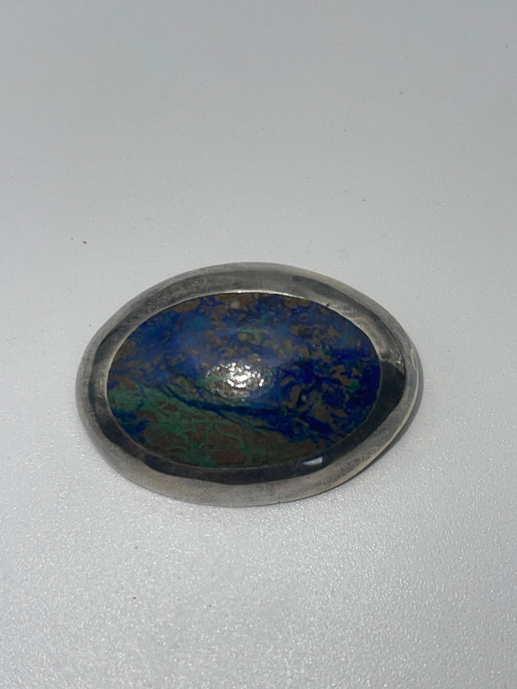 Large Vintage Brooch Mexican Lapis Lazuli and Malachite Gemstone Sterling Silver Antique Taxco Mexico 925