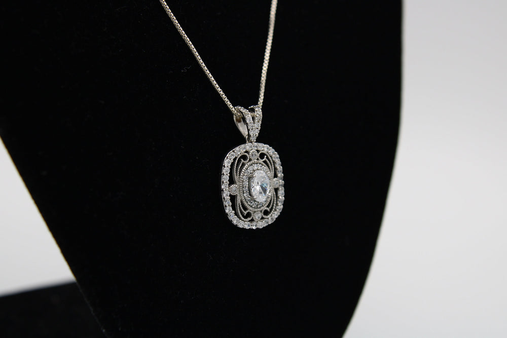 Beautiful Sterling Silver CZ Pendant Necklace Box Chain 925 - Art Deco Antique Look