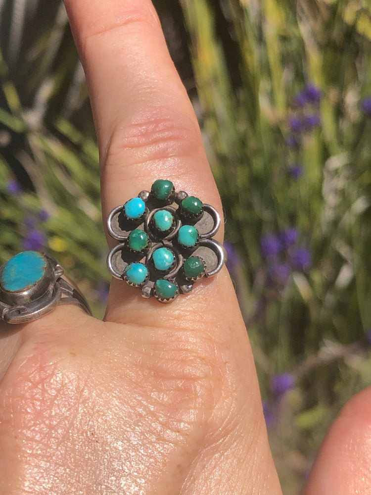 Vintage Native American Indian turquoise cluster snake eyes ring sterling silver size 6.75