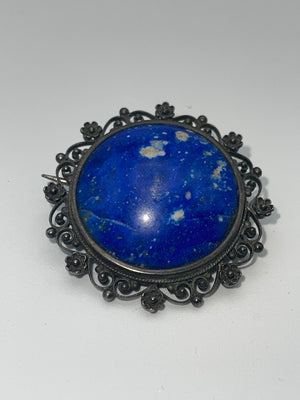 Big Antique Victorian 800 Silver Lapis Lazuli Gemstone filigree Brooch Rare