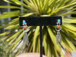 Vintage Native American Indian Sterling Silver Feather Earrings Turquoise and Red Coral