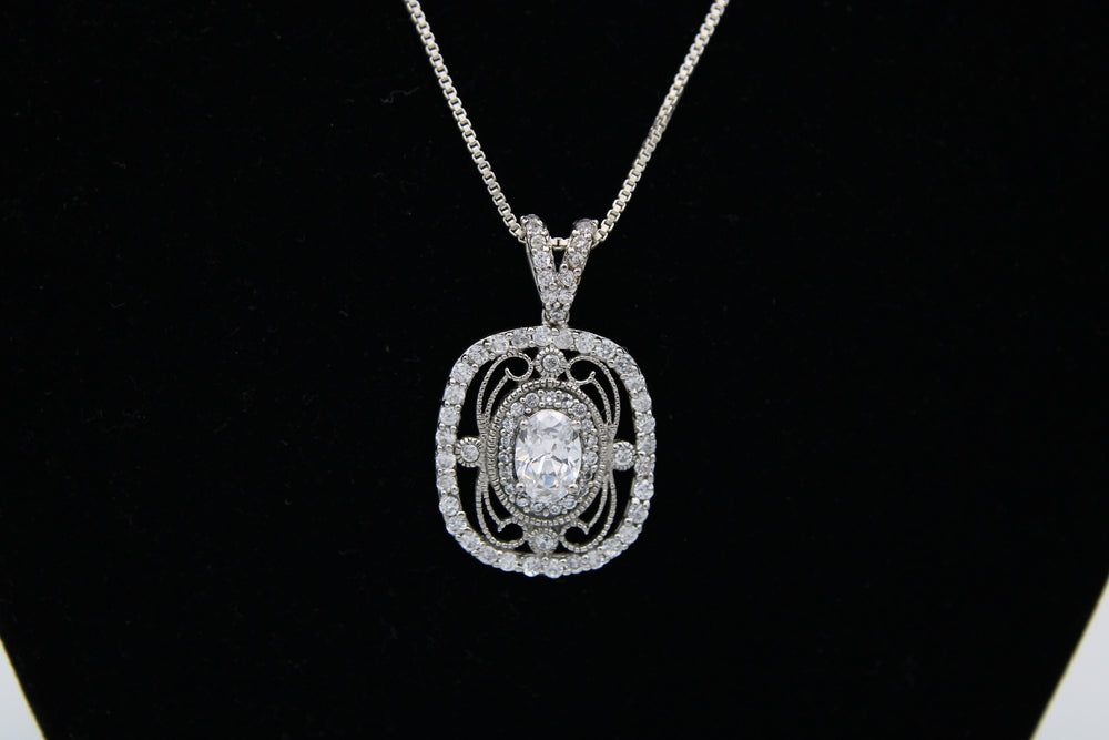 Beautiful Sterling Silver CZ Pendant Necklace Box Chain 925 - Art Deco Antique Look