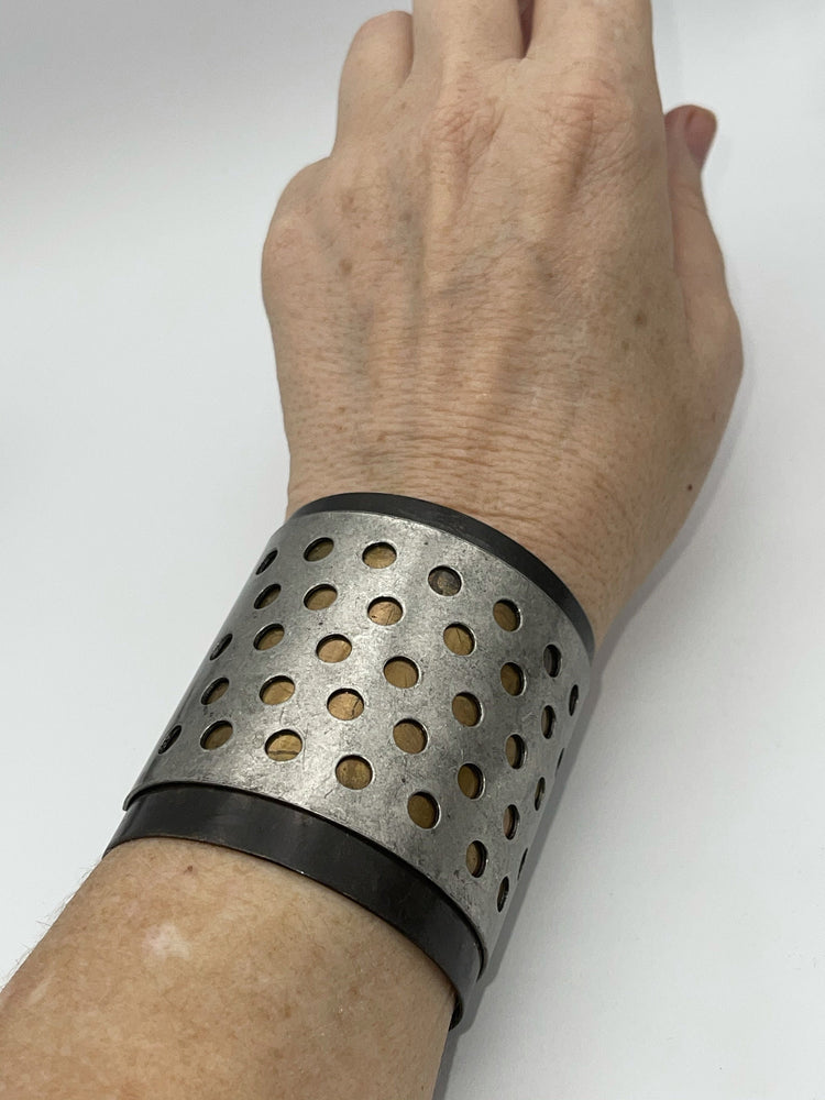 Vintage Brutalist Large Cuff Bracelet Mixed Metal Copper Silver Tone and Gun Metal Gothic Bondage