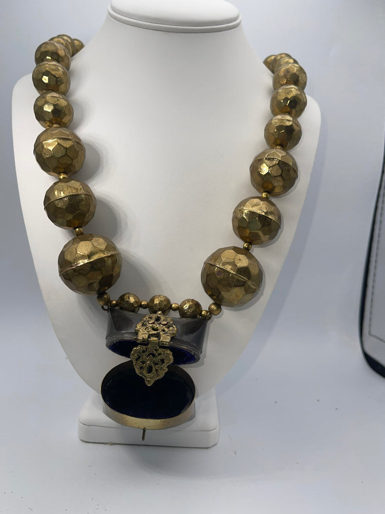 Vintage Tribal Bakelite Prayer Box Necklace – Large Brass Beads & Hinged Locket Pendant, Ethnic Statement Jewelry - Rare and Super Unusual