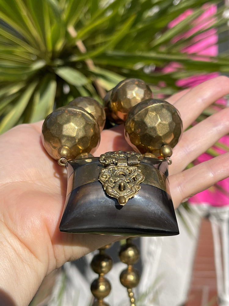 Vintage Tribal Bakelite Prayer Box Necklace – Large Brass Beads & Hinged Locket Pendant, Ethnic Statement Jewelry - Rare and Super Unusual