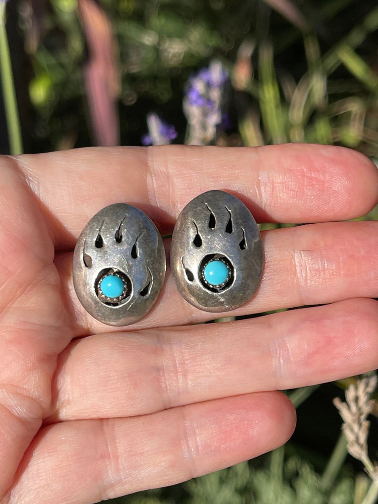 Vintage Native American Large Stud Style Bear Claw Shadowbox Earrings Turquoise Gemstone Sterling Silver