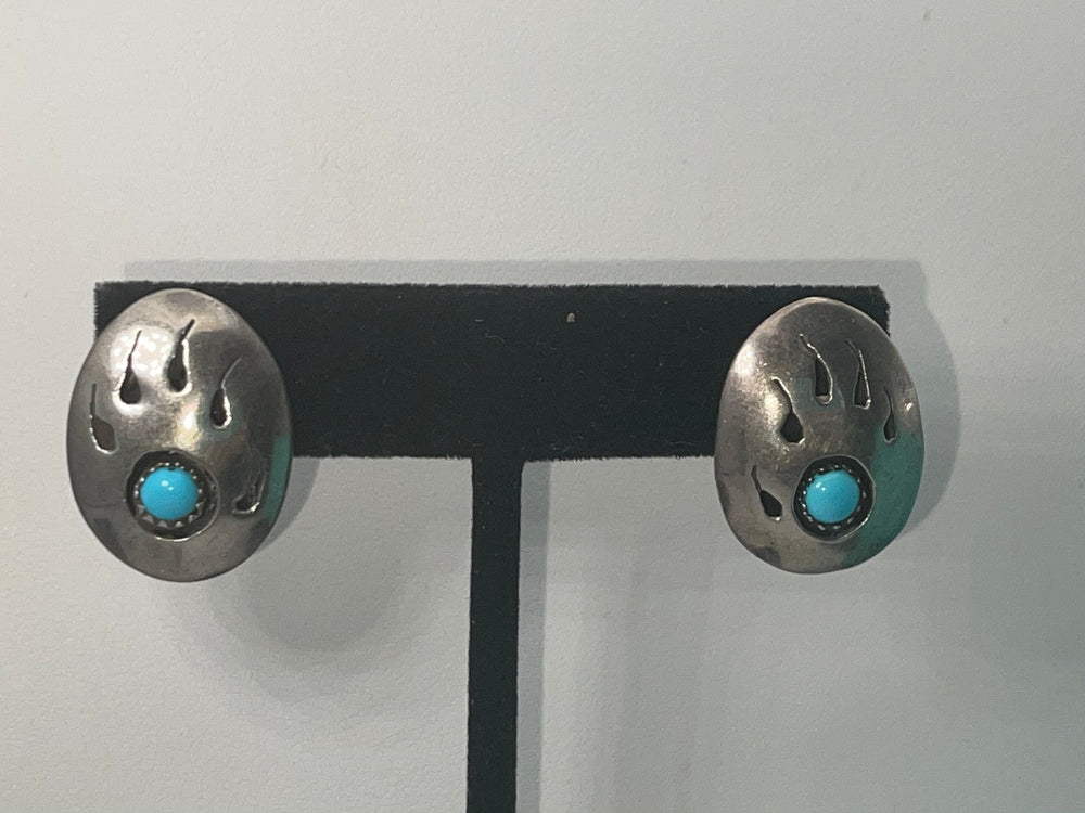 Vintage Native American Large Stud Style Bear Claw Shadowbox Earrings Turquoise Gemstone Sterling Silver