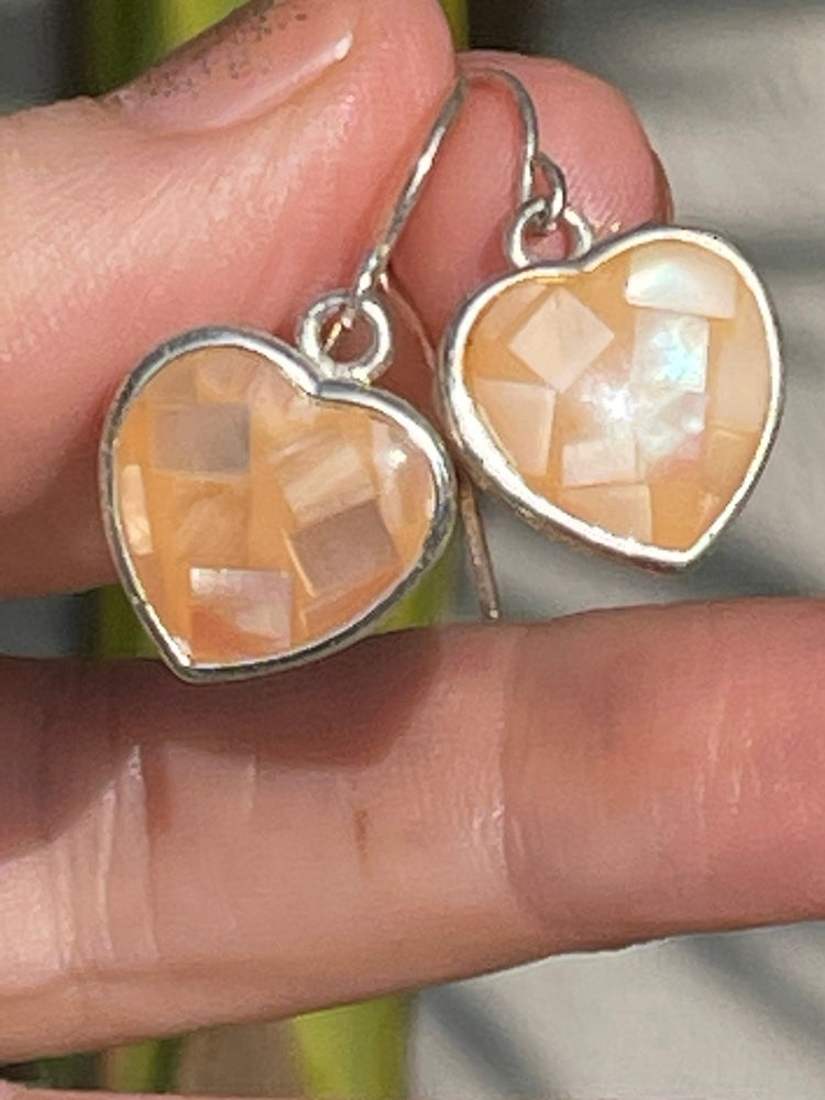 Vintage Heart Dangle Earrings Shell Peach Mother of pearl Sterling Silver 925