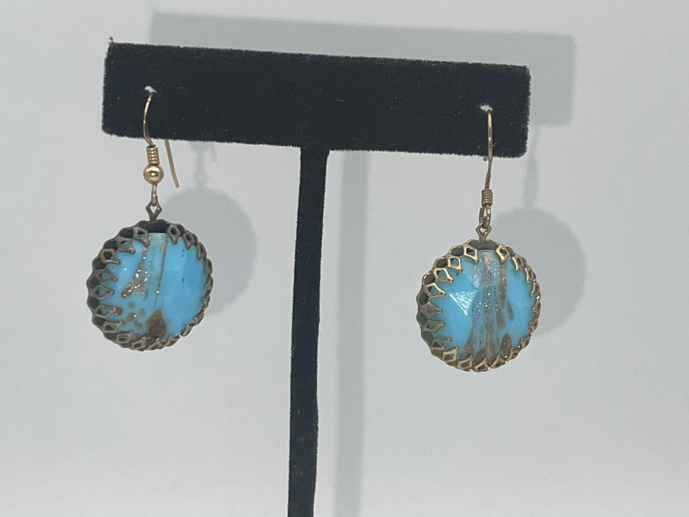 Antique Hubble Glass Turquoise and Gold Flecked Round Earrings Gold tone. Unusual!
