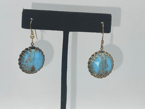Antique Hubble Glass Turquoise and Gold Flecked Round Earrings Gold tone. Unusual!