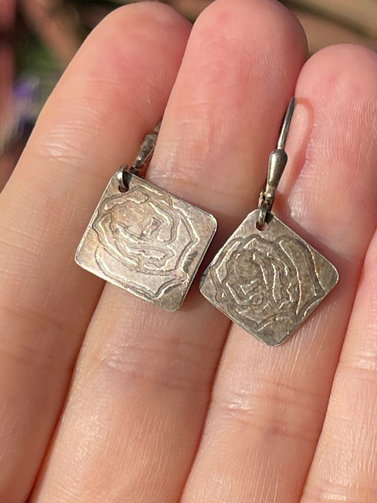 Vintage Sterling Silver 925 Rose Dangle Earrings Artisan Lever Back