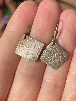 Vintage Sterling Silver 925 Rose Dangle Earrings Artisan Lever Back