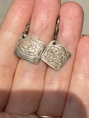 Vintage Sterling Silver 925 Rose Dangle Earrings Artisan Lever Back