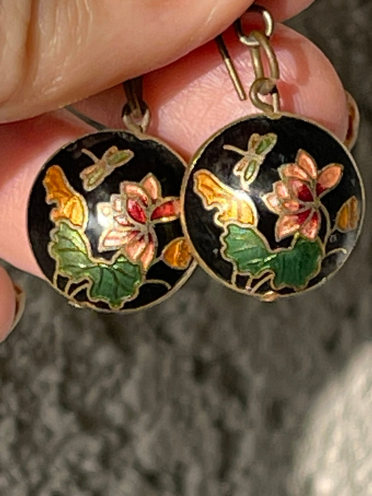 Vintage Cloisonné Enamel Earrings Dragonfly Flowers Reversible Colorful and lovely Hook Ear Wires