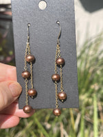 Vintage Brown - Gold Pearl Long Dangling Earrings 2 Strands Gorgeous!! 925 Ear Wires