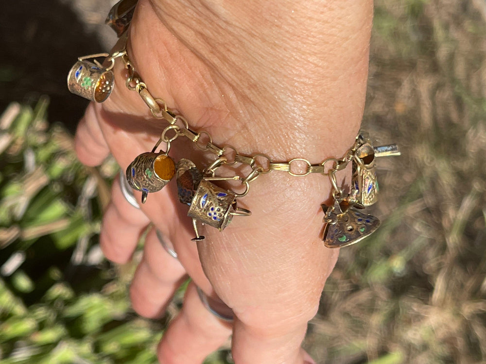 Antique Early Portuguese Silver Gold Gilt Enamel Charm Bracelet 833 12 Charms Water Pitchers / Tea Kettles Bell Great Gift
